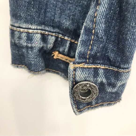 Free People Blue Cotton Denim Factory Distressed Button Crop Jacket - Picture 12 of 16